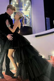 Niulatu High Low Strapless Black Tulle Long Evening Dress Prom Dresses SD1578