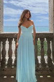 Niulatu Sleeveless Chiffon Blue A-line Long Evening Prom Dresses SD1585