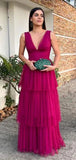 Niulatu V-neck Sleeveless A-line Tulle Ruffles Evening Prom Dresses SD1593