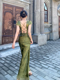 Niulatu Mermaid V Neckline Short Sleeves Lace Green Floor Length Evening Dress Prom Dresses SD1604