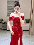 Niulatu Mermaid Sweetheart Red Off The Shoulder Sequin Slit Floor Length Evening Dress Prom Dresses SD1609