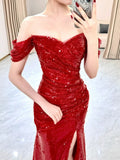 Niulatu Mermaid Sweetheart Red Off The Shoulder Sequin Slit Floor Length Evening Dress Prom Dresses SD1609