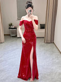 Niulatu Mermaid Sweetheart Red Off The Shoulder Sequin Slit Floor Length Evening Dress Prom Dresses SD1609