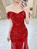 Niulatu Mermaid Sweetheart Red Off The Shoulder Sequin Slit Floor Length Evening Dress Prom Dresses SD1609