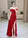Niulatu Mermaid Sweetheart Red Off The Shoulder Sequin Slit Floor Length Evening Dress Prom Dresses SD1609