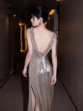 Niulatu Mermaid Sequin Backless Floor Length Evening Dress Prom Dresses SD1610