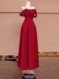 Niulatu A Line Off The Shoulder Red Satin Floor Length Evening Dress Prom Dresses SD1610
