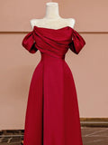 Niulatu A Line Off The Shoulder Red Satin Floor Length Evening Dress Prom Dresses SD1610