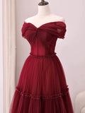 Niulatu A Line Off The Shoulder Burgundy Tulle Floor Length Evening Dress Prom Dresses SD1612