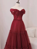 Niulatu A Line Off The Shoulder Burgundy Tulle Floor Length Evening Dress Prom Dresses SD1612