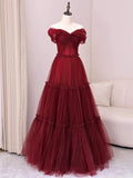 Niulatu A Line Off The Shoulder Burgundy Tulle Floor Length Evening Dress Prom Dresses SD1612