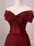 Niulatu A Line Off The Shoulder Burgundy Tulle Floor Length Evening Dress Prom Dresses SD1612