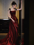 Niulatu Mermaid Spaghetti Straps Burgundy Floor Length Evening Dress Prom Dresses SD1613