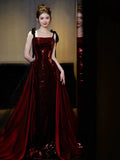 Niulatu Mermaid Spaghetti Straps Burgundy Floor Length Evening Dress Prom Dresses SD1613