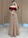 Niulatu A Line Off The Shoulder Sequin Floor Length Evening Dress Prom Dresses SD1615