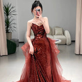 Niulatu Mermaid Sweetheart Burgundy Floor Length Evening Dress Sequin Prom Dresses SD1616