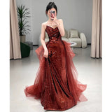Niulatu Mermaid Sweetheart Burgundy Floor Length Evening Dress Sequin Prom Dresses SD1616