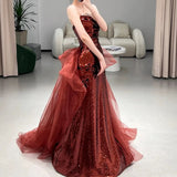Niulatu Mermaid Sweetheart Burgundy Floor Length Evening Dress Sequin Prom Dresses SD1616