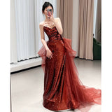 Niulatu Mermaid Sweetheart Burgundy Floor Length Evening Dress Sequin Prom Dresses SD1616
