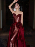 Niulatu Mermaid Sweetheart Burgundy Floor Length Evening Dress Sequin Prom Dresses SD1617