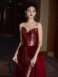 Niulatu Mermaid Sweetheart Burgundy Floor Length Evening Dress Sequin Prom Dresses SD1617