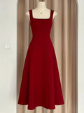 Niulatu A Line Square Neckline Red Satin Ankle Length Evening Dress Prom Dresses SD1618
