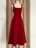 Niulatu A Line Square Neckline Red Satin Ankle Length Evening Dress Prom Dresses SD1618