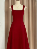 Niulatu A Line Square Neckline Red Satin Ankle Length Evening Dress Prom Dresses SD1618
