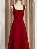 Niulatu A Line Square Neckline Red Satin Ankle Length Evening Dress Prom Dresses SD1618