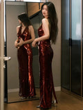 Niulatu Mermaid V Neckline Burgundy Floor Length Evening Dress Sequin Prom Dresses SD1619