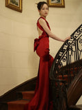 Niulatu Mermaid Backless Red Floor Length Evening Dress Satin Prom Dresses SD1620