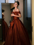 Niulatu Ball Gown Off The Shoulder Satin Rust Red Floor Length Evening Dress Prom Dresses SD1622