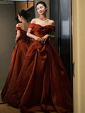 Niulatu Ball Gown Off The Shoulder Satin Rust Red Floor Length Evening Dress Prom Dresses SD1622