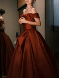 Niulatu Ball Gown Off The Shoulder Satin Rust Red Floor Length Evening Dress Prom Dresses SD1622