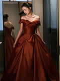 Niulatu Ball Gown Off The Shoulder Satin Rust Red Floor Length Evening Dress Prom Dresses SD1622