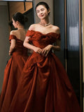 Niulatu Ball Gown Off The Shoulder Satin Rust Red Floor Length Evening Dress Prom Dresses SD1622