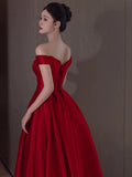 Niulatu A Line Off The Shoulder Satin Red Floor Length Evening Dress Prom Dresses SD1623