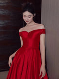 Niulatu A Line Off The Shoulder Satin Red Floor Length Evening Dress Prom Dresses SD1623