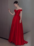 Niulatu A Line Off The Shoulder Satin Red Floor Length Evening Dress Prom Dresses SD1623