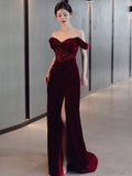 Niulatu Sheath Off The Shoulder Burgundy Velvet Floor Length Evening Dress Prom Dresses SD1624