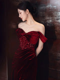 Niulatu Sheath Off The Shoulder Burgundy Velvet Floor Length Evening Dress Prom Dresses SD1624