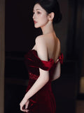 Niulatu Sheath Off The Shoulder Burgundy Velvet Floor Length Evening Dress Prom Dresses SD1624