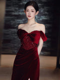 Niulatu Sheath Off The Shoulder Burgundy Velvet Floor Length Evening Dress Prom Dresses SD1624