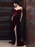 Niulatu Sheath Off The Shoulder Burgundy Velvet Floor Length Evening Dress Prom Dresses SD1624