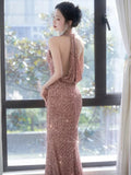 Niulatu Sheath V Neckline Sequin Rose Pink Floor Length Evening Dress Prom Dresses SD1625