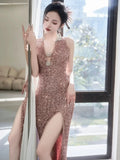 Niulatu Sheath V Neckline Sequin Rose Pink Floor Length Evening Dress Prom Dresses SD1625