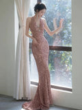 Niulatu Sheath V Neckline Sequin Rose Pink Floor Length Evening Dress Prom Dresses SD1625