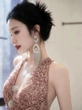 Niulatu Sheath V Neckline Sequin Rose Pink Floor Length Evening Dress Prom Dresses SD1625