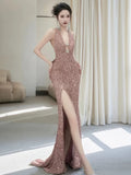 Niulatu Sheath V Neckline Sequin Rose Pink Floor Length Evening Dress Prom Dresses SD1625