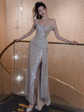 Niulatu Sheath Off The Shoulder Sequin Slit Floor Length Evening Dress Prom Dresses SD1626